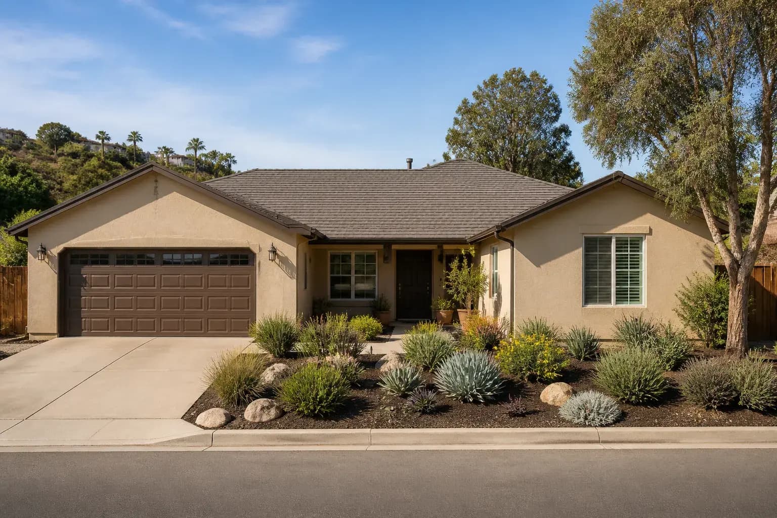 Completed roofing work on a tidy San Diego home.