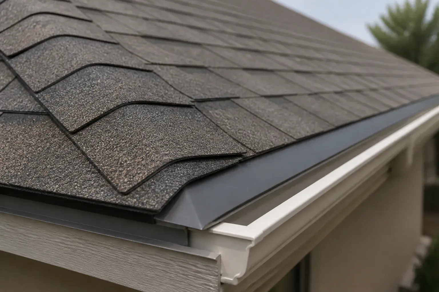 Clean roof edge with new shingles and flashing.