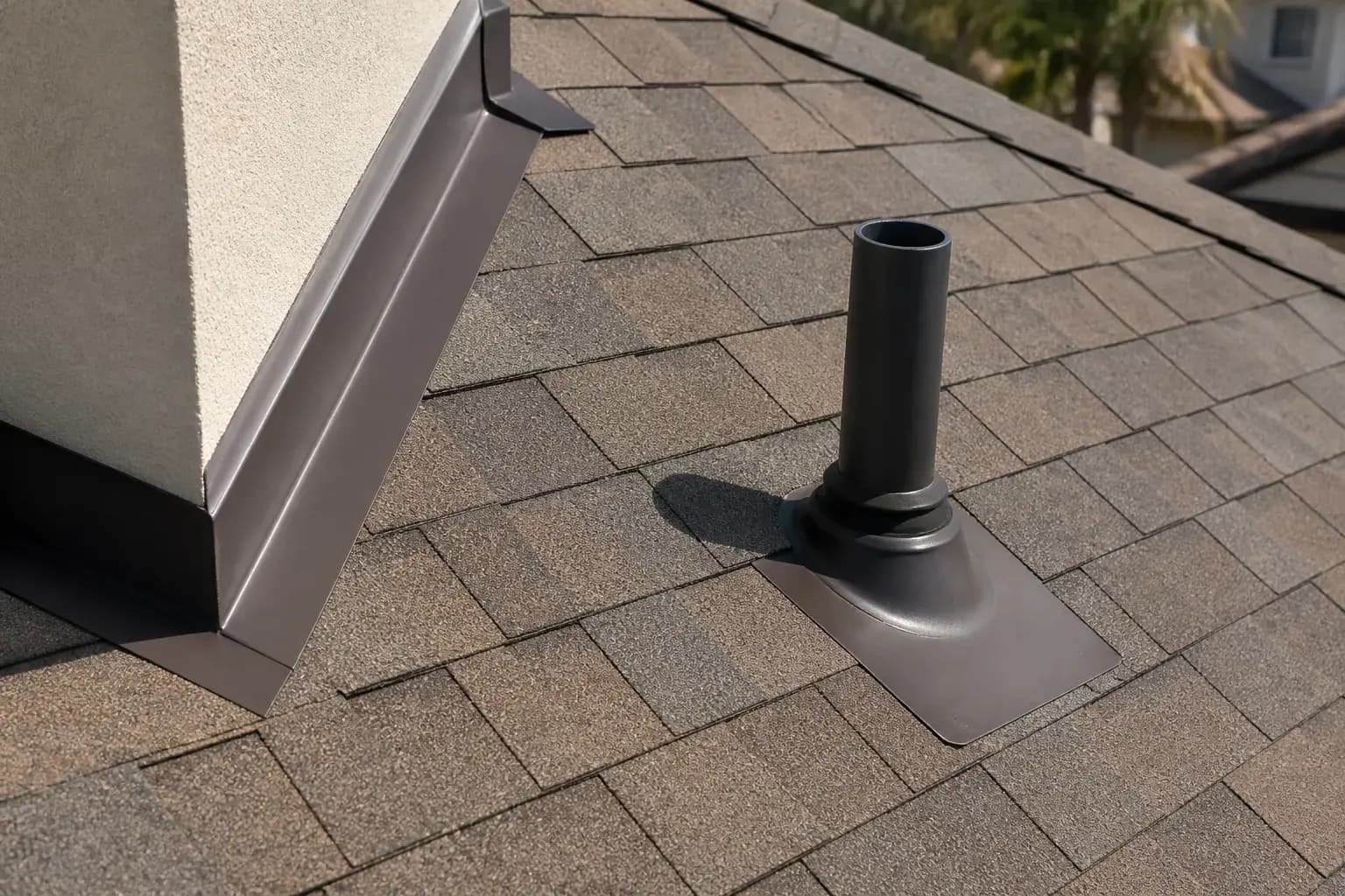 Dry repaired roof area with flashing and vent details.
