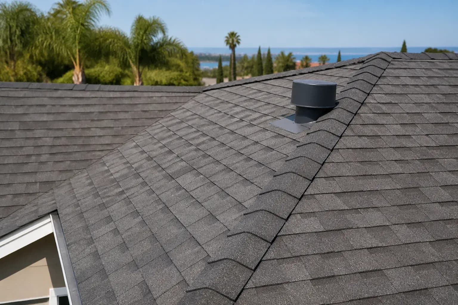 New architectural shingles with clean ridge cap and flashing.